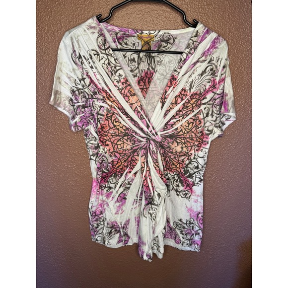 Wrangler Grunge Women's V Neck Top Rhinestone Embellished Medallion Print - Picture 1 of 5